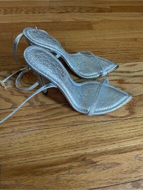 Good American Silver Glitter Pointed Ankle-Strap Heels with Gold Toe Accent